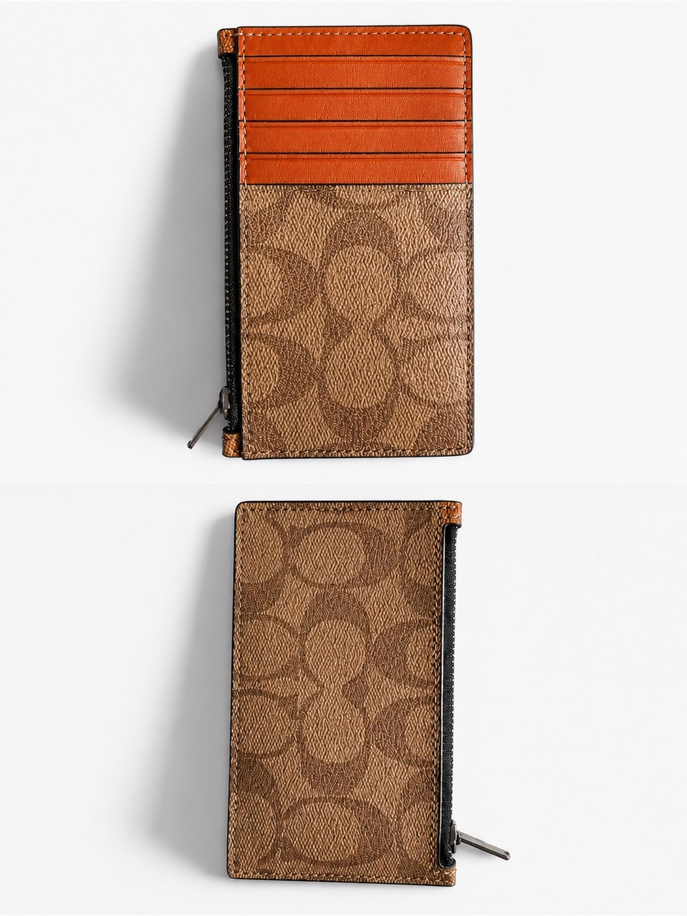 Coach Monogram Zip Card Holder in Brown and Orange